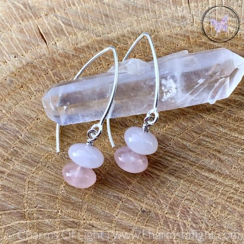 Rose Quartz Rondelle Silver Angled Earrings